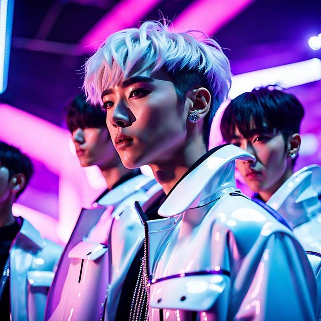 Kpop group wearing white leather jackets under purple and blue lights. Courtesy of https://pixabay.com/users/momagic-1621639/